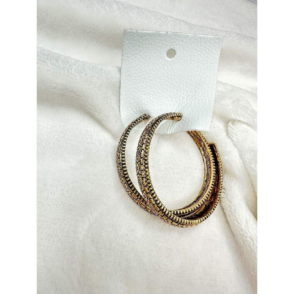 NEW Free People Thunder Kissed Hoop Earrings Gold Tone Etched Bohemian Chunky